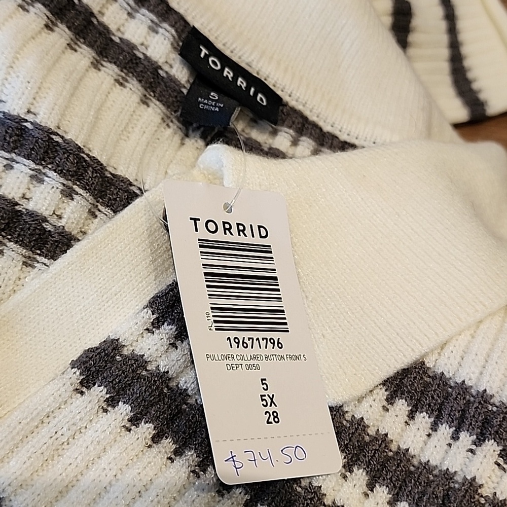 Torrid - Pullover Collared Button Front Sweater in Grey Stripe​​​​​​​​ - Picture 7 of 13